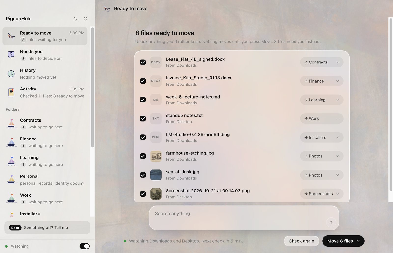PigeonHole in light mode: a sidebar of places and folders drawn as little sailing boats, and a glass list of eight files ready to move, each with the folder it's going to, over a faded Redon painting.
