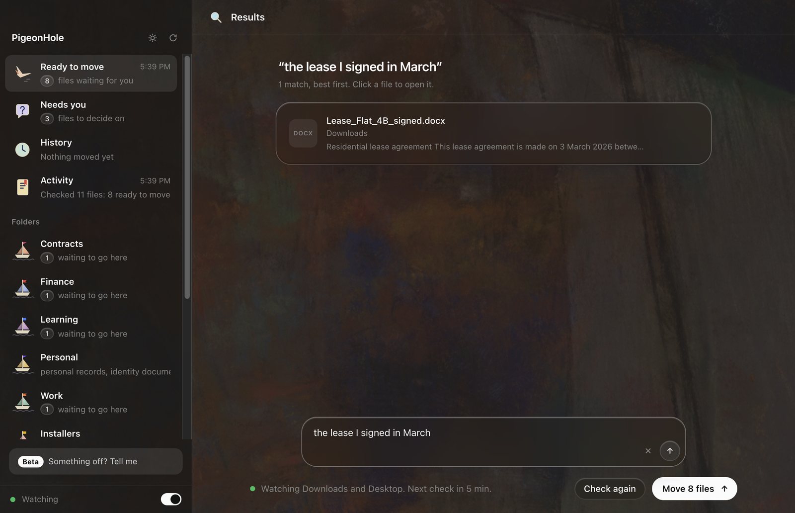 PigeonHole in dark mode: a search for &ldquo;the lease I signed in March&rdquo; has found Lease_Flat_4B_signed.docx, with the first line of the lease beneath it.