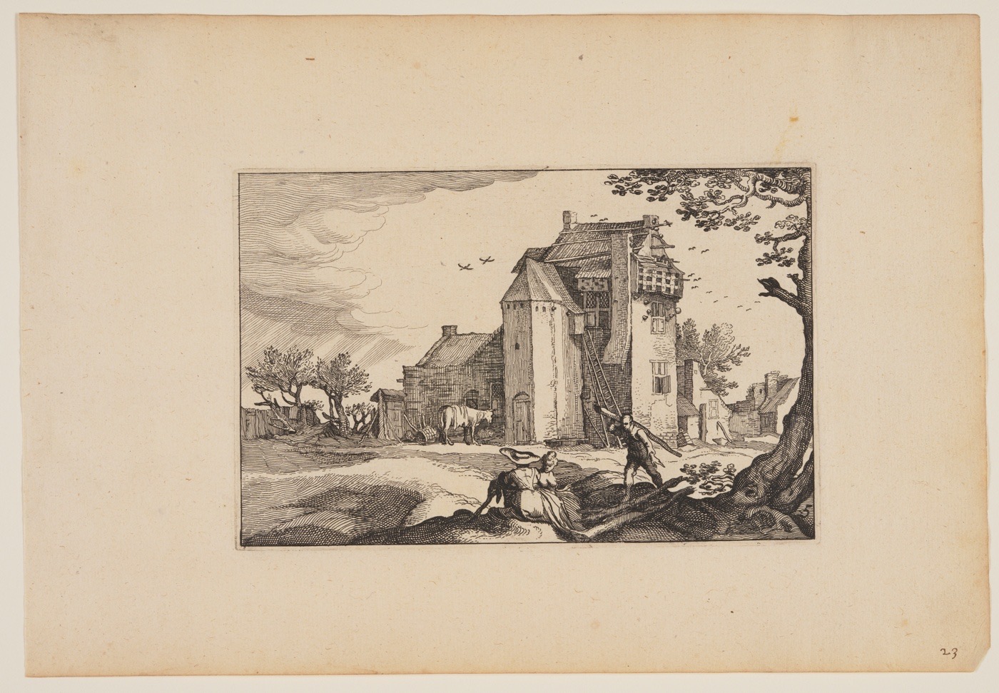 Claes Jansz. Visscher's etching of a Dutch farmhouse with a dovecote under its roof.