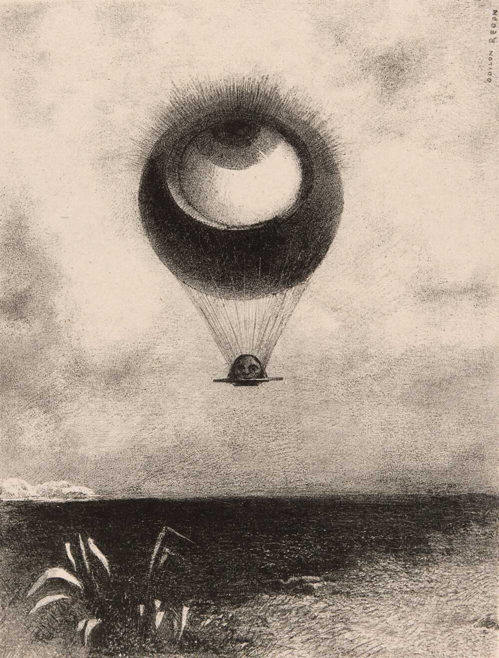 Odilon Redon's lithograph of a giant eye rising like a hot-air balloon over a dark field.